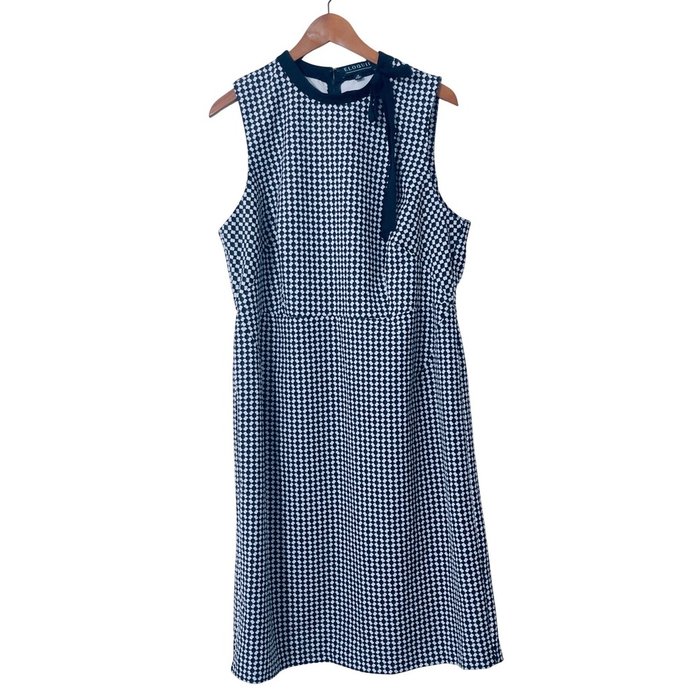 Eloquii Women Dress 16 Black White Geometric Sleeveless Tie Neck Mod Shift